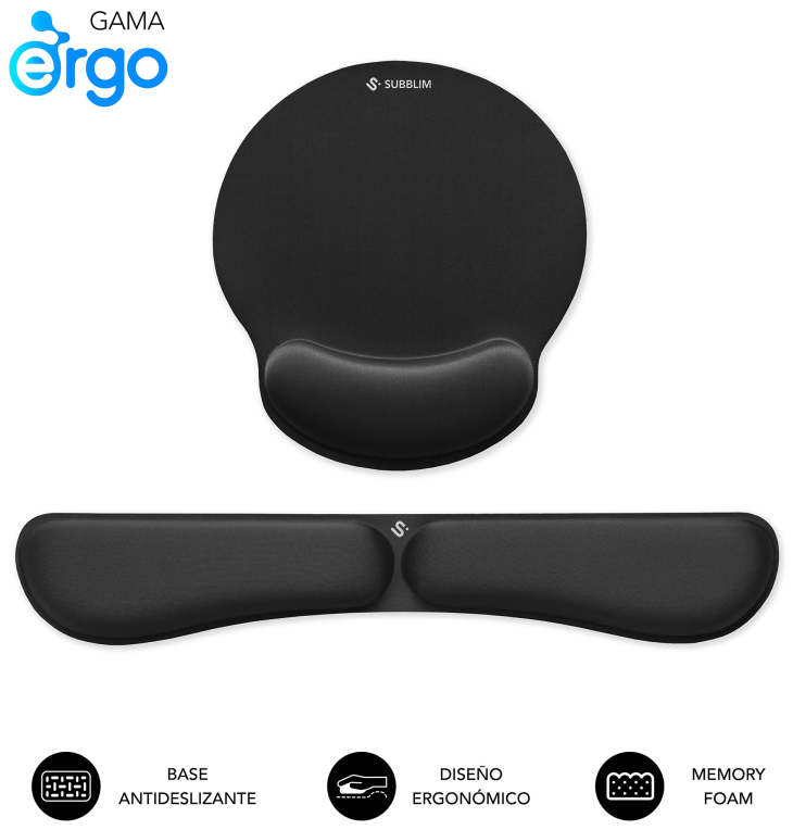 SUBBLIM Pack Alfombrilla de Ratón Ergonómica + Reposamuñecas Teclado – Espuma elástica, Superficie Microtexturizada Impermeable, Base Antideslizante, Portátil, Negro