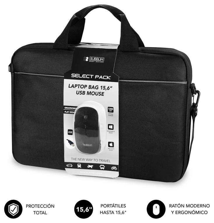SUBBLIM Maletín con Ratón Select Pack Wired Mouse USB + Laptop bag 15,6"