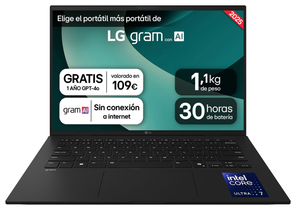 LG Gram 14Z90T-G.AD8BB ordenador portatil Intel Core Ultra 7 255H Portátil 35,6 cm (14") WUXGA 32 GB LPDDR5x-SDRAM 2 TB SSD Wi-Fi 6E (802.11ax) Windows 11 Home Español Negro