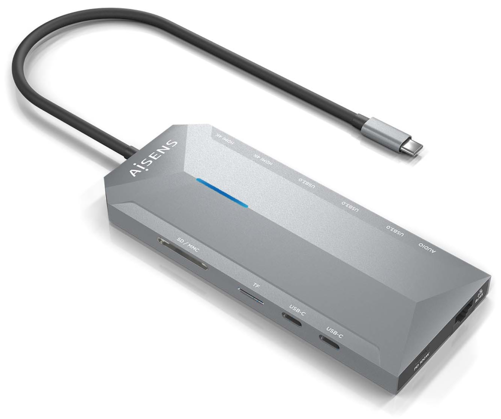 AISENS USB-C Dock 12 En 1, USB-C A 2xHDMI, 1xRJ45, 3xUSB-A, 2xUSB-C, 1xUSB-C PD, 1xAudio, 1xSD, 1xMicro SD, Gris, 30cm