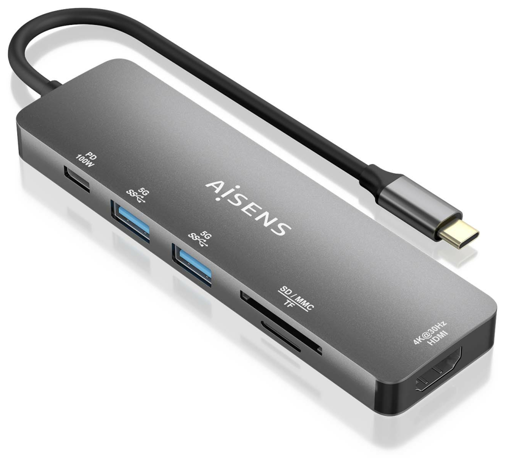 AISENS ASUC-6P016-GR base para portátil y replicador de puertos Alámbrico USB 3.2 Gen 1 (3.1 Gen 1) Type-C