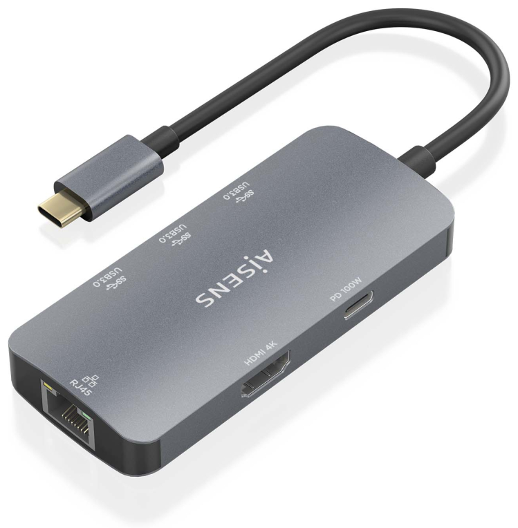 AISENS USB-C Dock 6 En 1, USB-C a 1xHDMI, 1xRJ45, 3xUSB-A, 1xUSB-C PD, Gris, 15cm