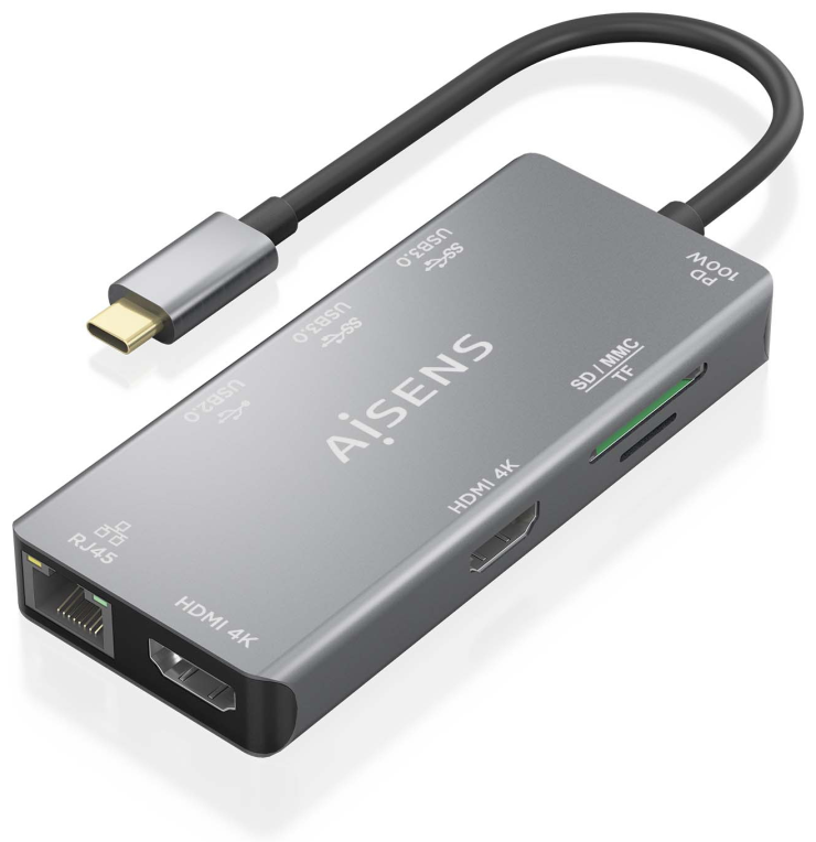 AISENS ASUC-9P018-GR base para portátil y replicador de puertos Alámbrico USB 3.2 Gen 1 (3.1 Gen 1) Type-C