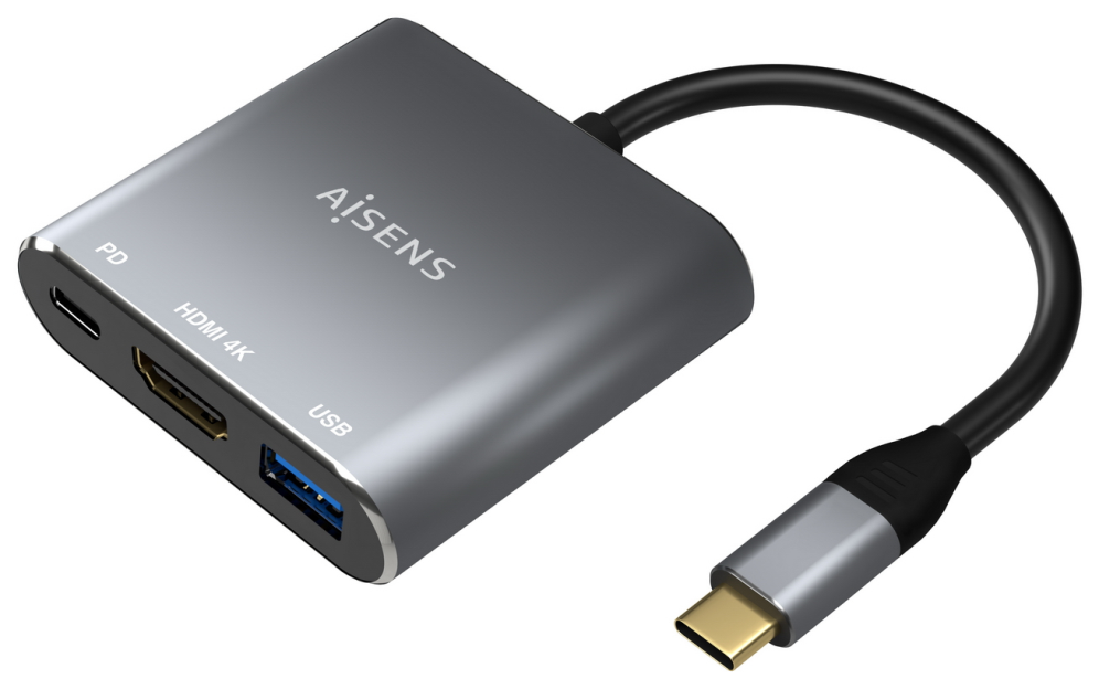 AISENS Conversor USB-C a HDMI/USB-C/Tipo A USB 3.0, 3 en 1, Gris, 15cm