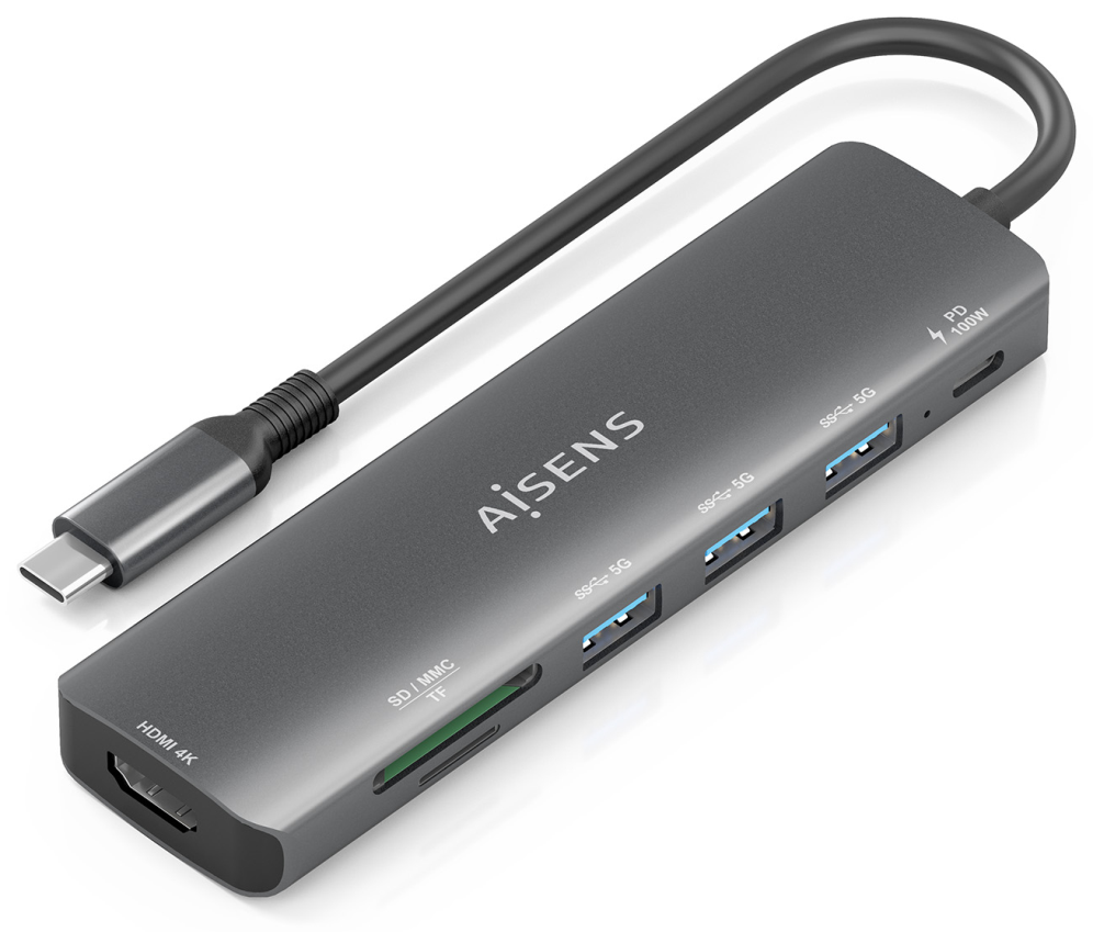AISENS ASUC-7P025-GR base para portátil y replicador de puertos Alámbrico USB 3.2 Gen 1 (3.1 Gen 1) Type-C