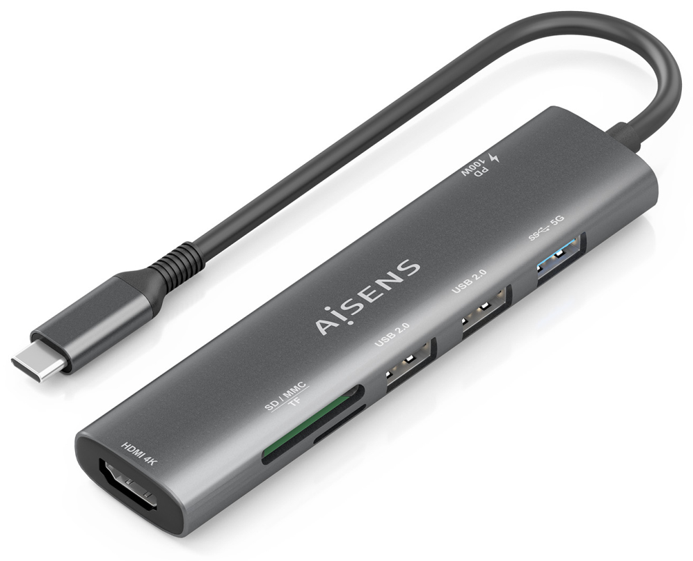 AISENS USB-C Dock 7 en 1, USB-C A, 1x HDMI, 2x USB-A USB2.0, 1x USB-A USB3.0, 1x USB-C PD 100W, 1x SD, 1x MicroSD, Gris, 15cm