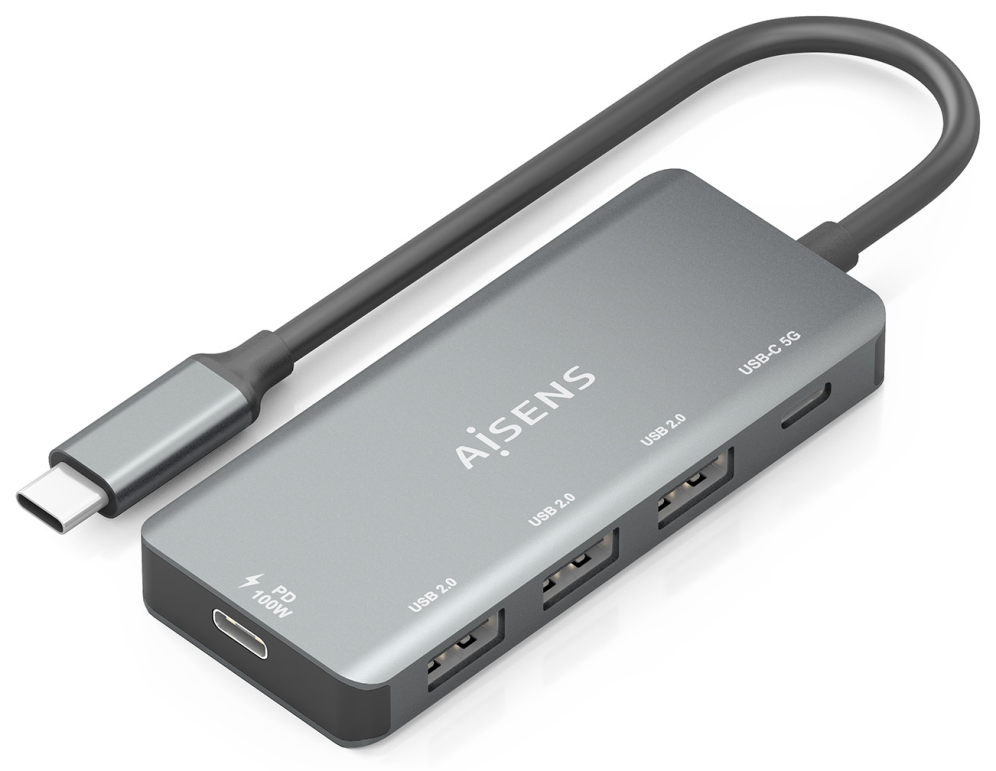AISENS Hub USB 3.1 USB-C, USB-C/M-1xUSB-C PD 100W+1xUSB-C USB3.0/H+3xUSB-A USB2.0/H, Gris, 15cm