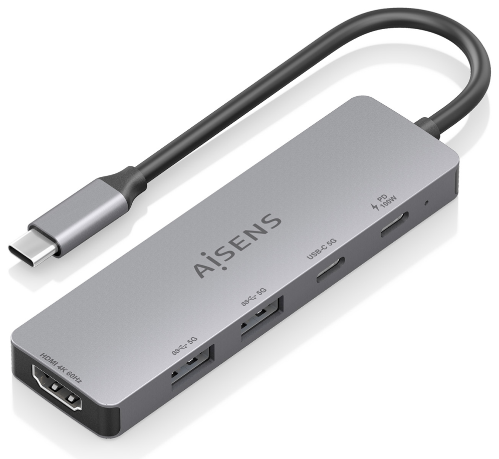 AISENS USB-C Dock 5 en 1, USB-C a 1xHDMI 2xUSB-A 1xUSB-C 1xUSB-C PD, Gris, 15cm