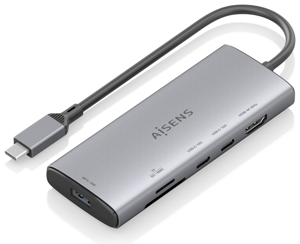 AISENS USB-C Dock 6 en 1, USB-C a 1xHDMI, 1xUSB-A 10G, 2xUSB-C 10G, 1xSD, 1xMicroSD, Gris, 20cm