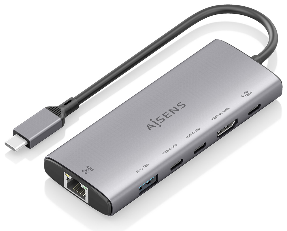 AISENS USB-C Dock 6 en 1, USB-C a 1xHDMI, 1xRJ45, 1xUSB-A 10G, 2xUSB-C 10G, 1xUSB-C PD, Gris, 20cm