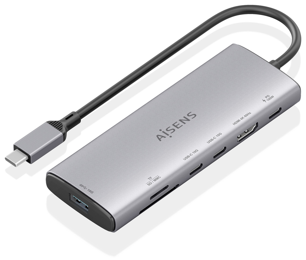 AISENS USB-C Dock 7 en 1, USB-C a 1xHDMI, 1xUSB-A 10G, 2xUSB-C 10G, 1xSD, 1xMicroSD, 1xUSB-C PD 100W, Gris, 20cm