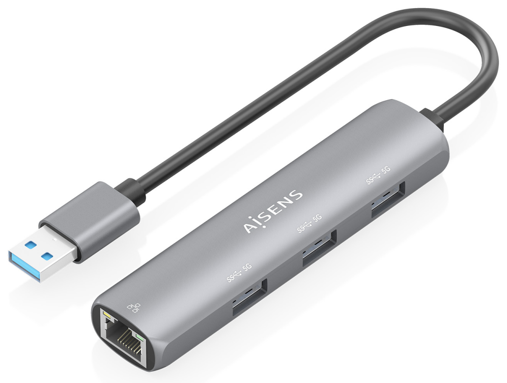 AISENS USB3.0 Dock USB-A A Ethernet Gigabit + Hub 3xUSB-A, Gris, 15cm
