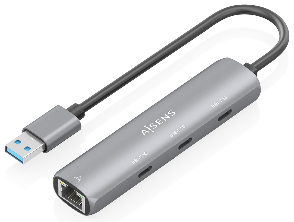 AISENS USB3.0 Dock USB-A A Ethernet Gigabit + Hub 3xUSB-C, Gris, 15cm