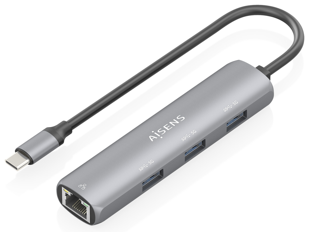 AISENS Dock USB-C A Ethernet Gigabit + Hub 3xUSB-A, Gris, 15cm