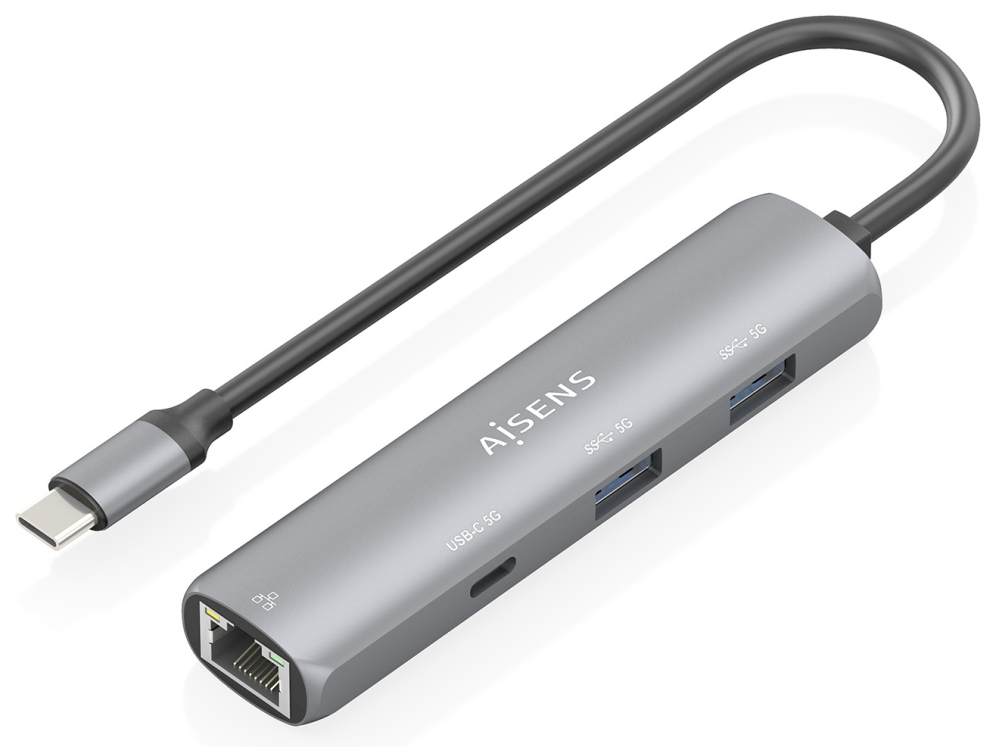 AISENS Dock USB-C A Ethernet Gigabit + Hub 1xUSB-C+2xUSB-A, Gris, 15cm