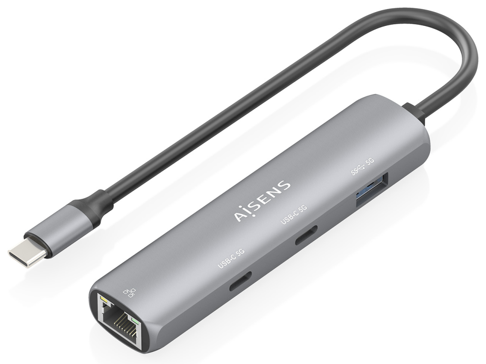 AISENS Dock USB-C A Ethernet Gigabit + Hub 2xUSB-C+1xUSB-A, Gris, 15cm