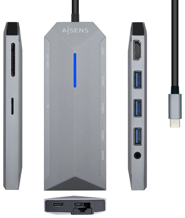 AISENS USB-C Dock 9 en 1, USB-C a 1x HDMI, 1xRJ45, 3x USB, 1x PD, 1x Audio, 1x SD, 1x Micro SD, Gris, 15 cm