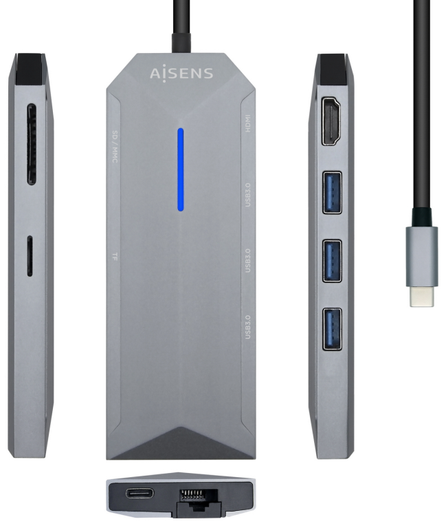 AISENS USB-C dock 8 en 1, USB-C a 1xHDMI, 1xRJ45, 3xUSB, 1xPD, 1xSD, 1xMicroSD, Gris, 15 cm