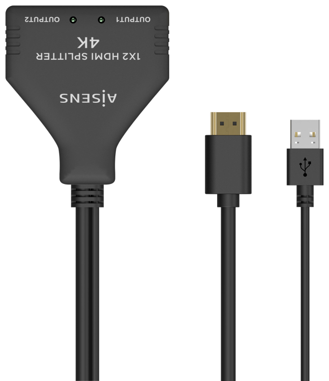AISENS HDMI Duplicador 4K@30HZ 1×2 con Alimentación USB y Cable, Negro, 30 cm