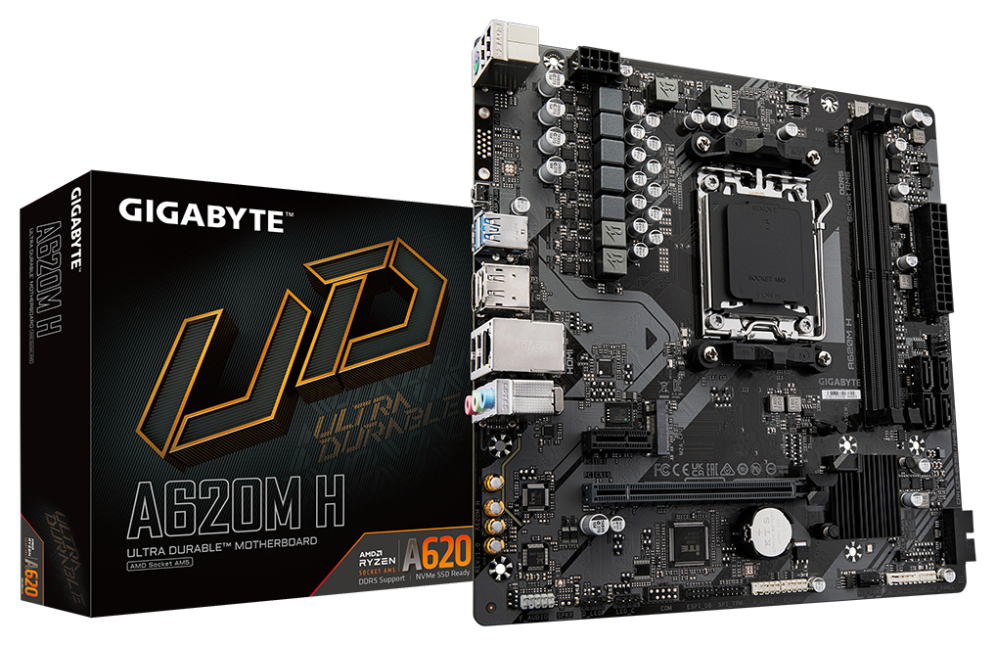 GIGABYTE A620M H Placa base - Soporta CPUs AMD Ryzen 8000, VRM digital de 5+2+2 fases, hasta 7200MHz DDR5 (OC), 1xPCIe 4.0 M.2, LAN GbE, USB 3.2 Gen 1