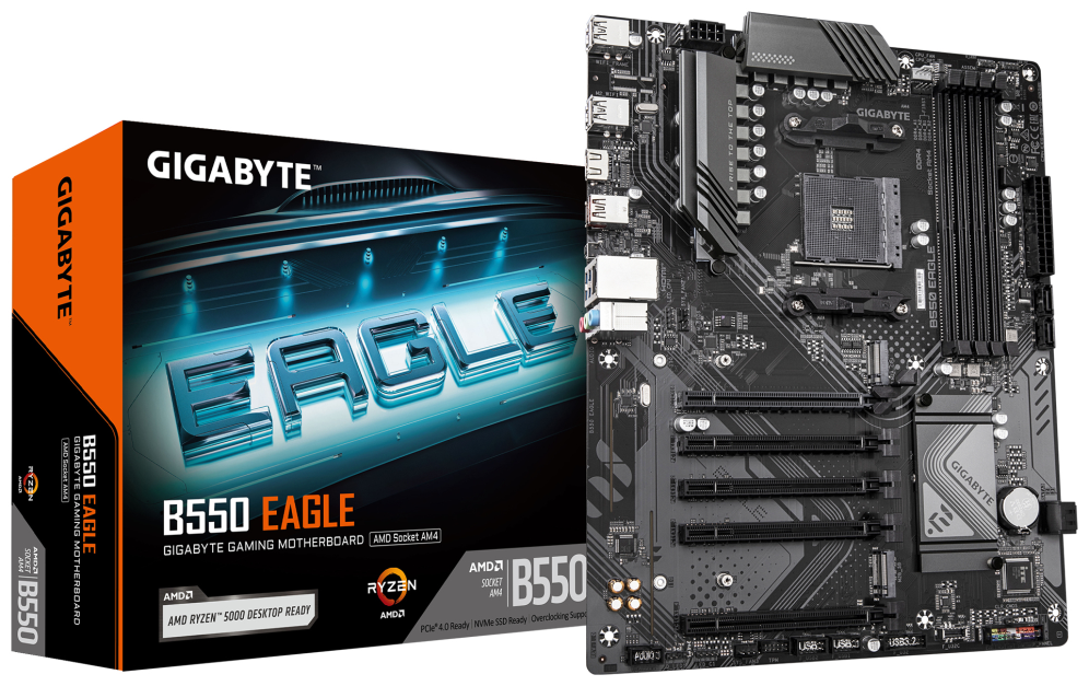 GIGABYTE B550 EAGLE Placa base - Procesadores AMD Ryzen serie 5000 G, VRM de 10+3+1 fases, hasta 3200 MHz DDR4, 1xPCIe 4.0 + 1xPCIe 3.0 M.2, LAN 1GbE, USB 3.2 Gen 2