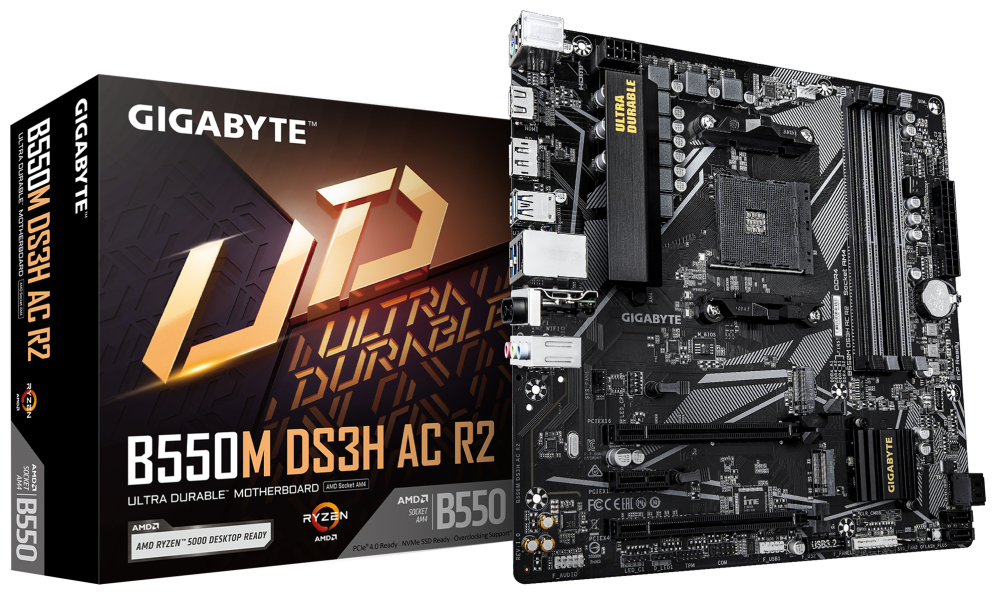 GIGABYTE B550M DS3H AC R2 Placa base - Procesadores AMD Ryzen 5000, VRM de 5+3 fases, hasta 4733 MHz DDR4 (O.C.), 1x M.2 PCIe 4.0 + 1x M.2 PCIe 3.0, Wi-Fi 5, LAN 1 GbE, USB 3.2 Gen 1