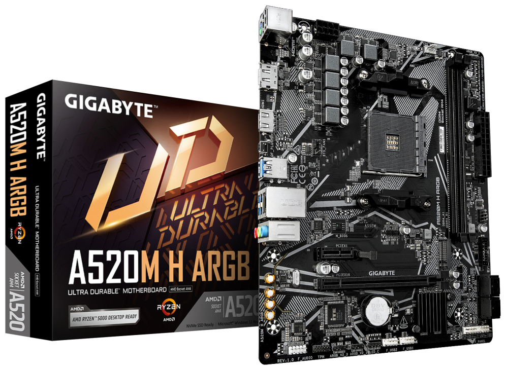 GIGABYTE A520M H ARGB Placa Base – Compatible con CPUs AMD Ryzen Serie 5000, hasta 5100 MHz DDR4 (OC), M.2 PCIe 3.0 x4, LAN 1 GbE, USB 3.2 Gen 1
