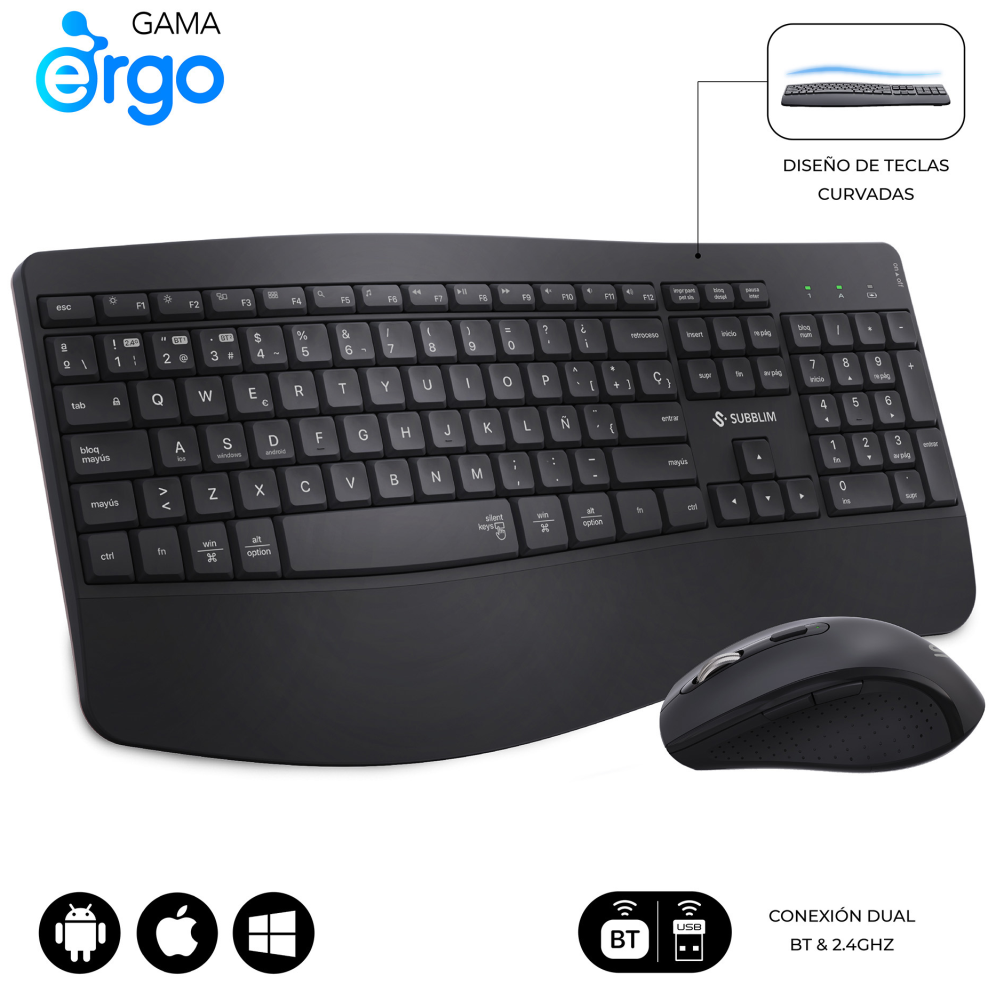 SUBBLIM SUBKBC-DCOPW2 teclado Ratón incluido Hogar / Oficina RF Wireless + Bluetooth QWERTY Español Negro