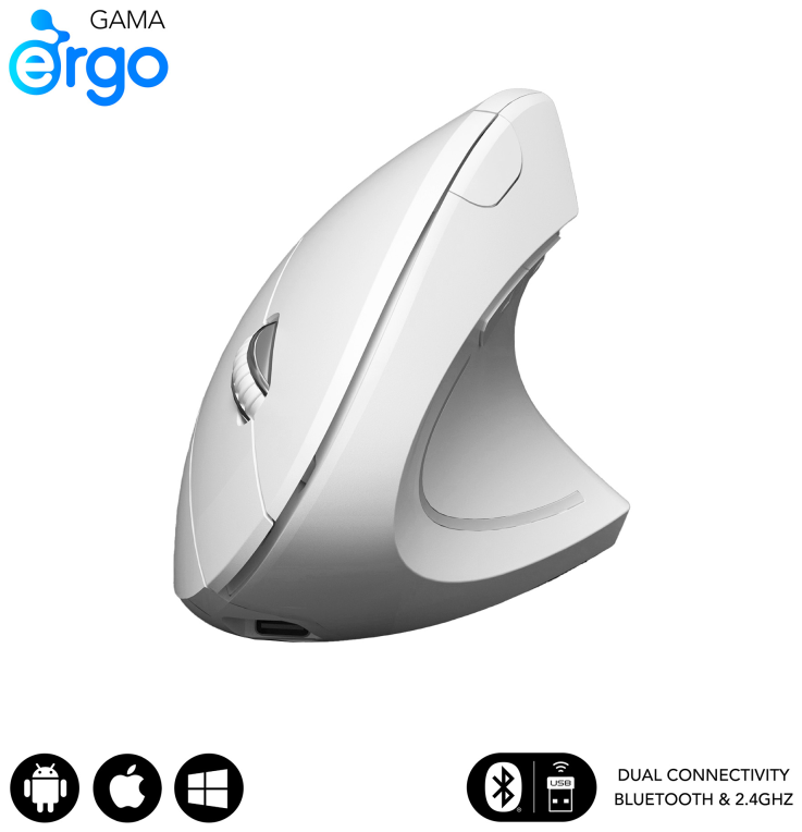 SUBBLIM RATON OPTICO DUAL GLIDE VERTICAL ERGO DUAL BATERIA BLANCO ratón Universal mano derecha Bluetooth + USB Type-A Óptico 1600 DPI