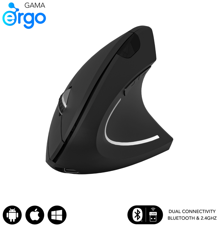 SUBBLIM RATON OPTICO DUAL GLIDE VERTICAL ERGO DUAL BATERIA NEGRO ratón Universal mano derecha Bluetooth + USB Type-A Óptico 1600 DPI