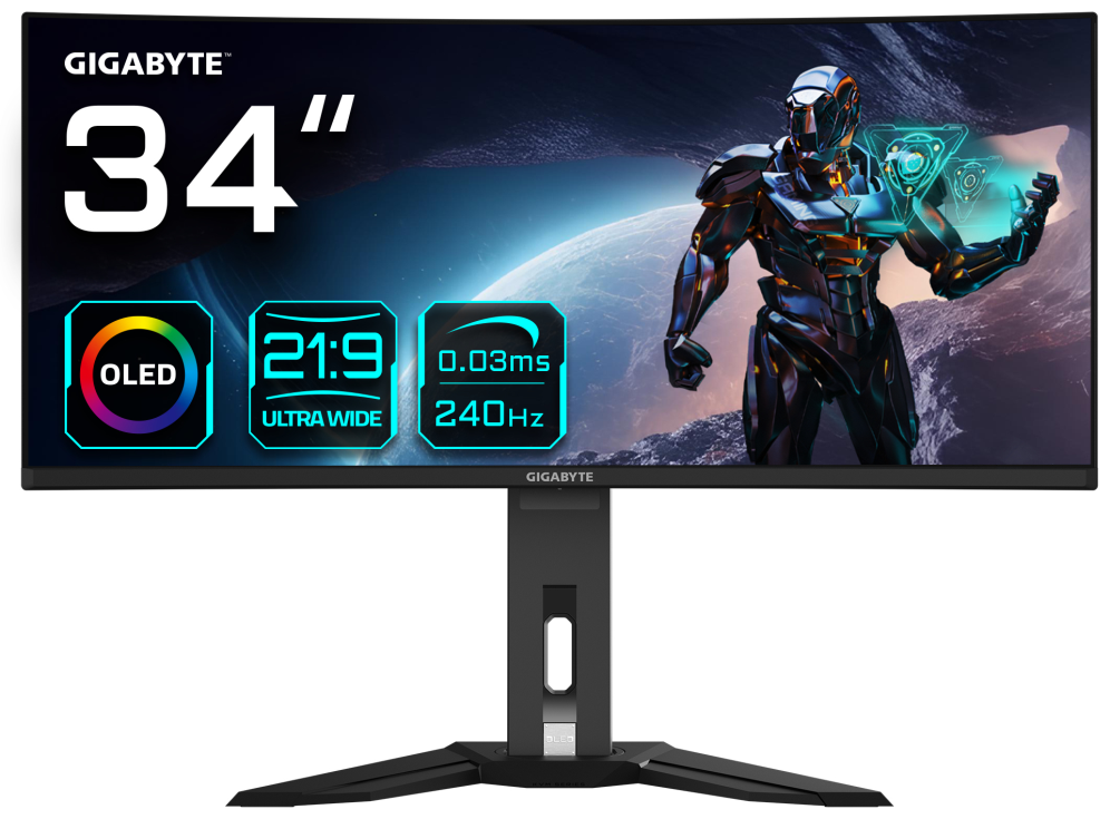 GIGABYTE Monitor de juegos curvo OLED WQHD MO34WQC2 de 34" - 3440 x 1440, 240Hz, 0.03ms, KVM, 250 cd/m², FreeSync Premium Pro, DisplayHDR True Black 400, HDMI 2.1, Displayport 1.4
