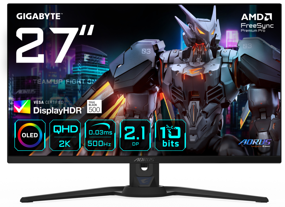 GIGABYTE AORUS FO27Q5P Monitor Gaming OLED QHD – 2560 x 1440, 500Hz, 0,03ms, KVM, 300 cd/m², FreeSync Premium Pro, DisplayHDR True Black 500, DisplayPort 2.1