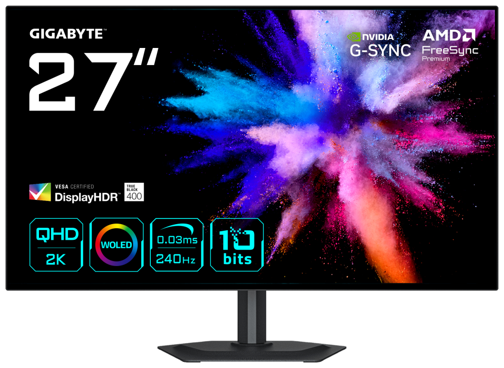 GIGABYTE GO27Q24G Monitor Gaming OLED 27” 2K QHD - 2560 x 1440, 240Hz, 0.03ms, 275 cd/m², FreeSync Premium, G-Sync Compatible, HDMI 2.1, DisplayPort 1.4