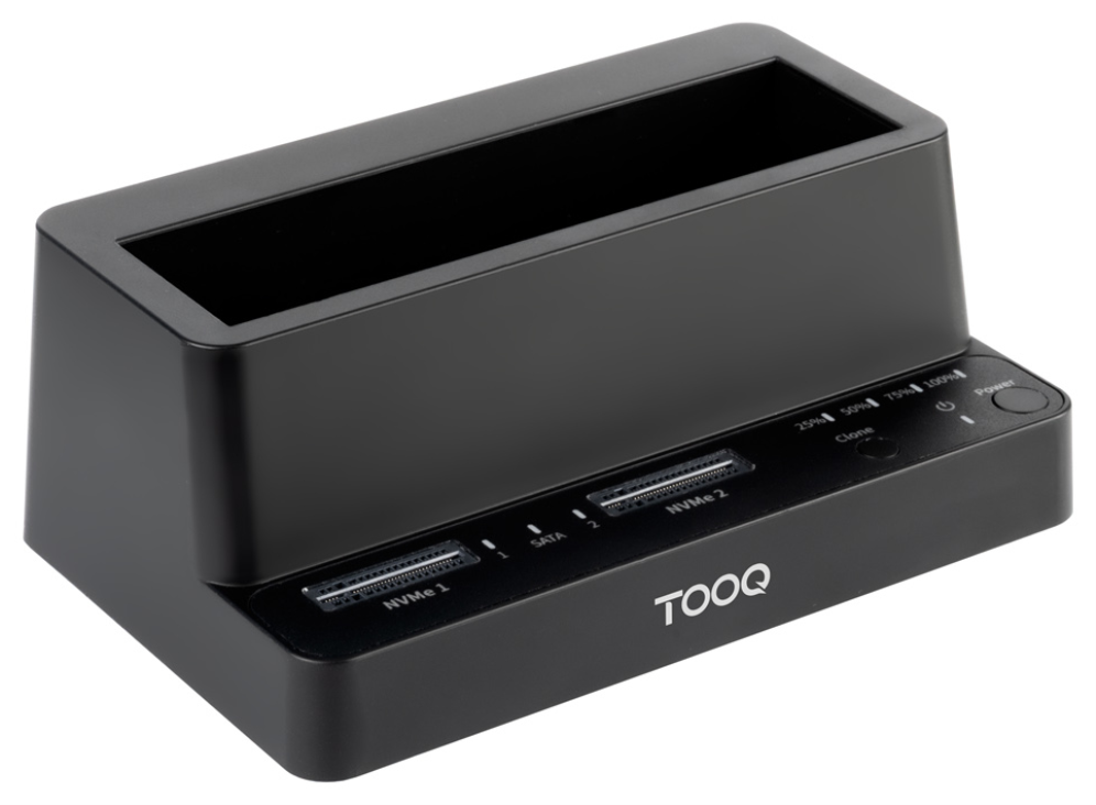 TooQ Docking Station USB-C 3.2 Gen 2 Dos Bahías para SSD M.2 NVMe + Bahía para 2,5"- 3,5" para HDD + Clonador, Negro
