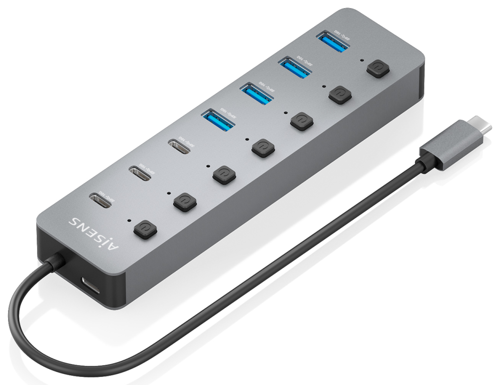 AISENS Hub USB3.2 Gen2 10G USB-C, USB-C/M-4xUSB-A/H+3xUSB-C/H+1xUSB-C/H PD3.0 100W, Gris, 30cm