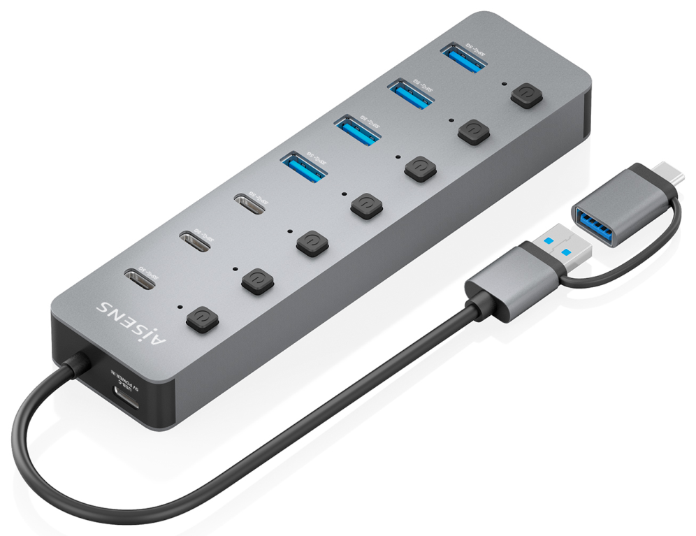 AISENS Hub USB3.1 Gen1 USB-C USB-A, USB-C/M+USB-A/M-4xUSB-A/H+3xUSB-C/H+1xUSB-C/H ALIM., Gris, 30cm