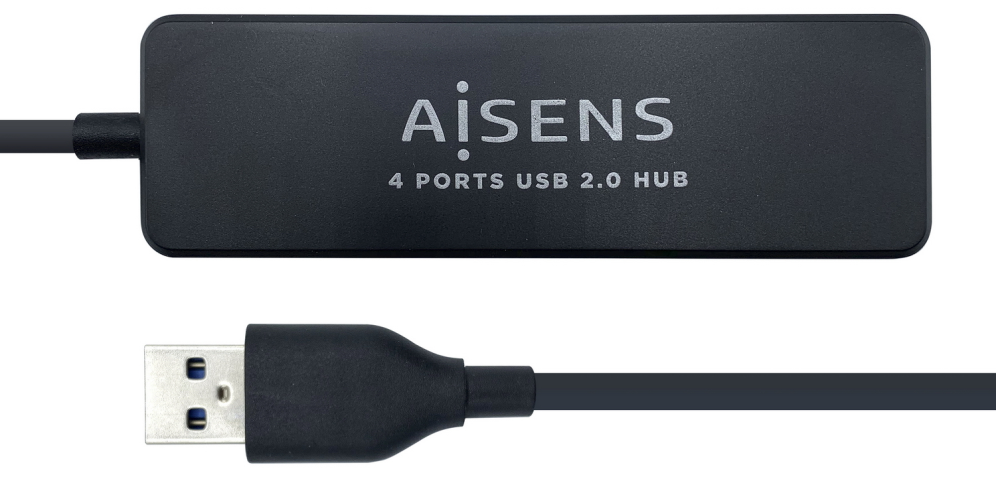 AISENS Hub USB 2.0, Tipo A/M - 4 x Tipo A/H, Negro, 30 cm