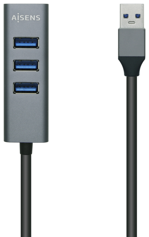 AISENS Hub USB3.0 Aluminio, Tipo A/M - 4x Tipo A/H, Negro, 10 cm