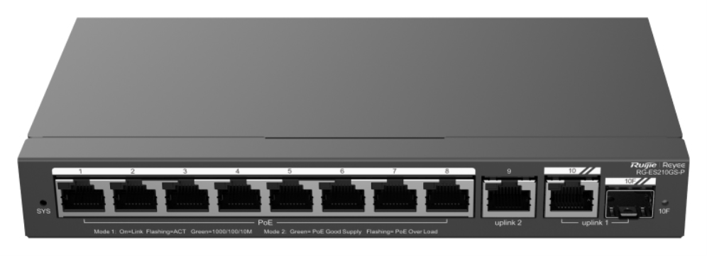 Ruijie Networks RG-ES210GS-P switch Gestionado L2 Gigabit Ethernet (10/100/1000) Energía sobre Ethernet (PoE) Negro