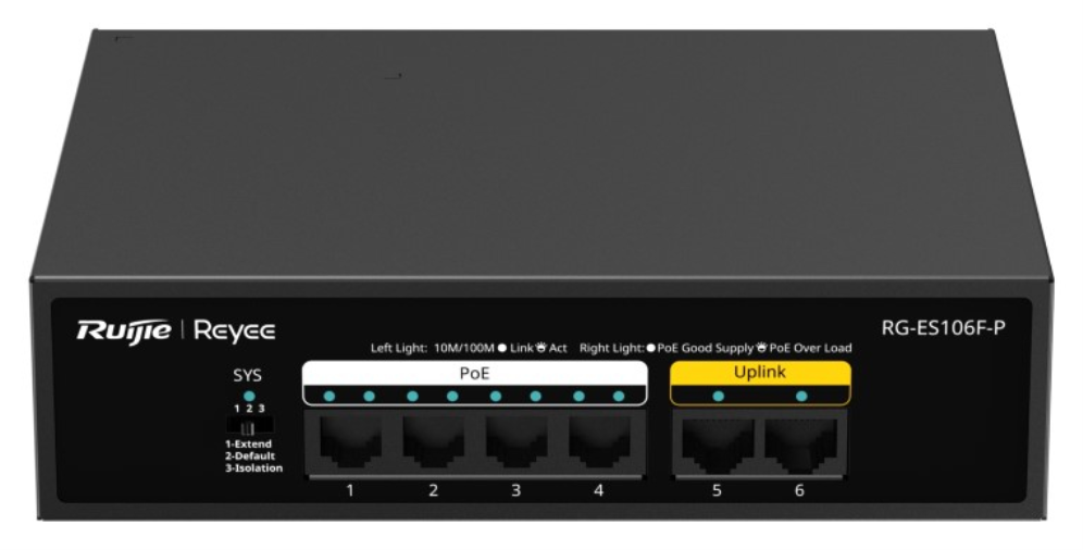 Ruijie Networks RG-ES106F-P switch No administrado L2 Fast Ethernet (10/100) Energía sobre Ethernet (PoE) Negro
