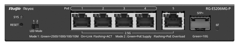 Ruijie Networks RG-ES206MG-P switch Gestionado L2 2.5G Ethernet (100/1000/2500) Energía sobre Ethernet (PoE) Montaje en pared/escritorio Negro