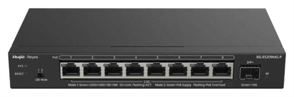 Ruijie Networks RG-ES209MG-P switch Gestionado L2 2.5G Ethernet (100/1000/2500) Energía sobre Ethernet (PoE) Negro