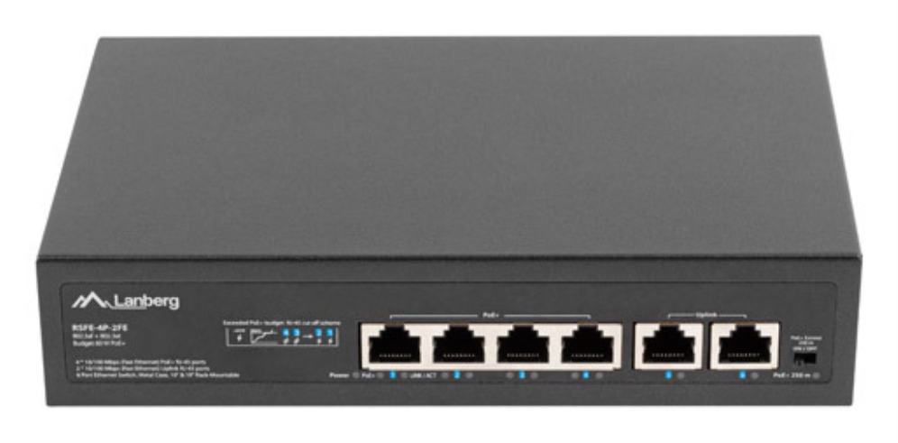 Lanberg RSFE-4P-2FE-60 switch No administrado Fast Ethernet (10/100) Energía sobre Ethernet (PoE) 1U Negro