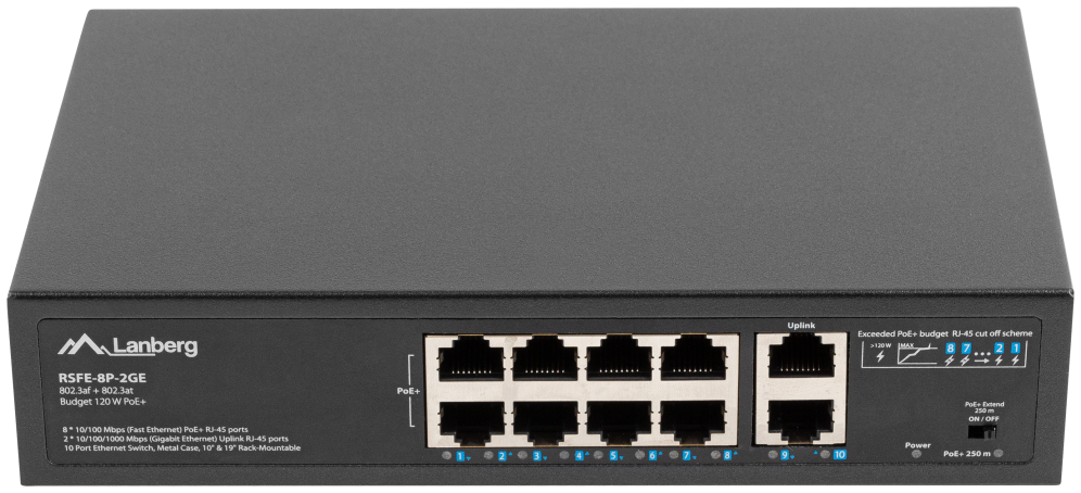 Lanberg RSFE-8P-2GE-120 switch No administrado Gigabit Ethernet (10/100/1000) Energía sobre Ethernet (PoE) 1U Negro