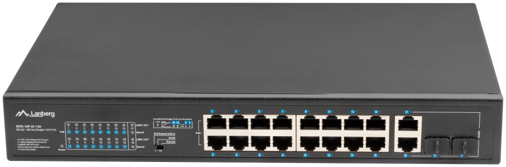 Lanberg RSFE-16P-2C-150 switch No administrado Gigabit Ethernet (10/100/1000) Energía sobre Ethernet (PoE) 1U Negro