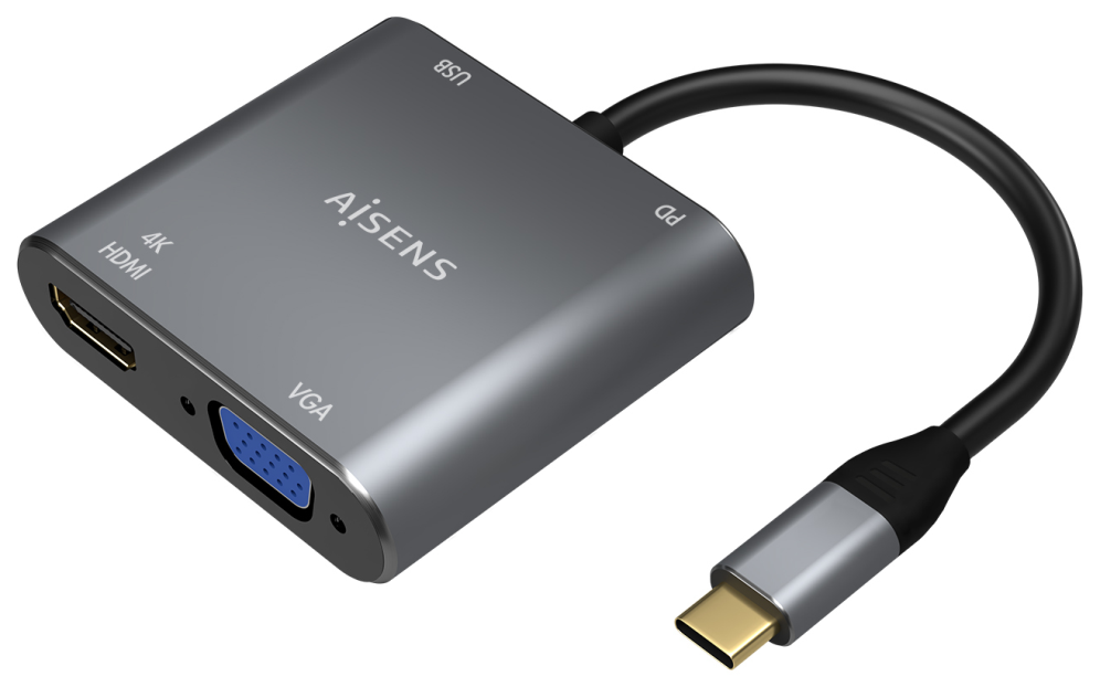 AISENS Conversor USB-C a VGA/HDMI 4K/USB3.0/USB-C PD, USB-C/M-VGA/H-HDMI/H-USB-A/H-USB-C/H, Gris, 15CM