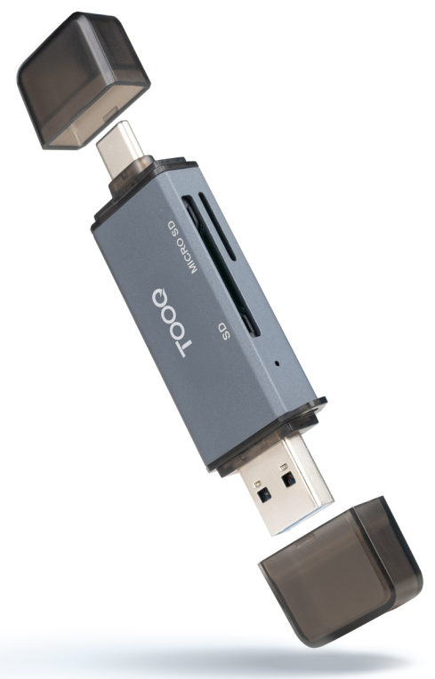 TooQ Lector de Tarjetas SD + TF, con entradas USB-C 3.0 + USB A, Color Gris