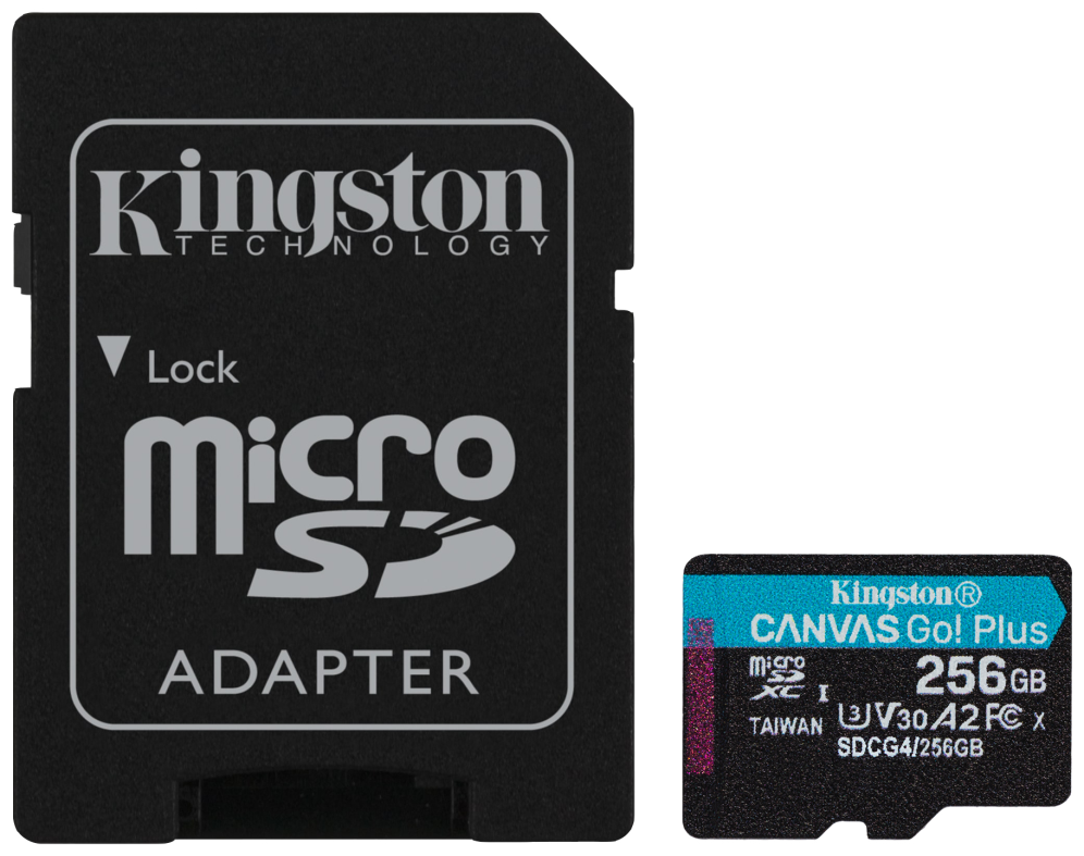 Kingston Technology Tarjeta microSDXC Canvas Go Plus Gen4 de 256 GB, 200 MB/s, A2 U3 V30 y adaptador