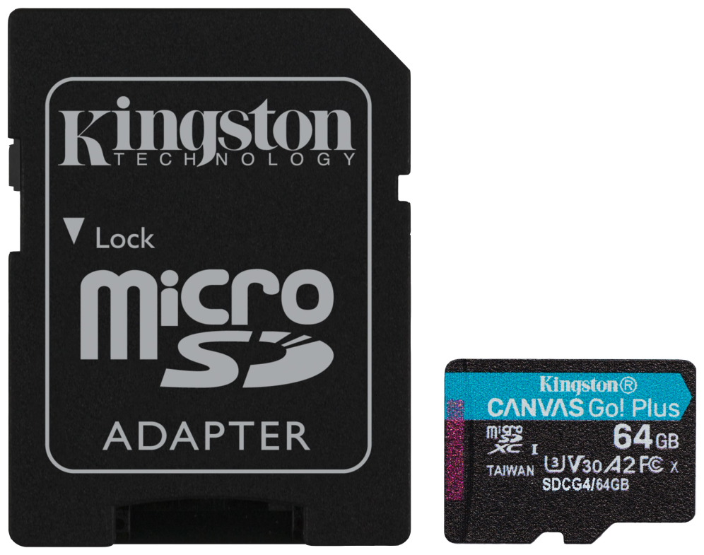 Kingston Technology Tarjeta microSDXC Canvas Go Plus Gen4 de 64 GB, 200 MB/s, A2 U3 V30 y adaptador